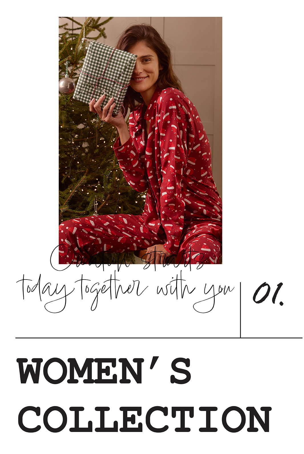 Žena sedi u crvenoj pidžami sa novogodišnjim motivima