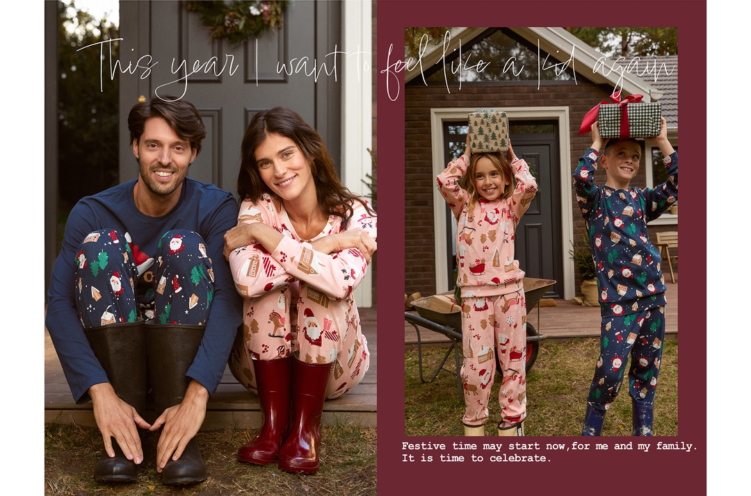 Porodica u pidžamama sa novogodišnjim motivima